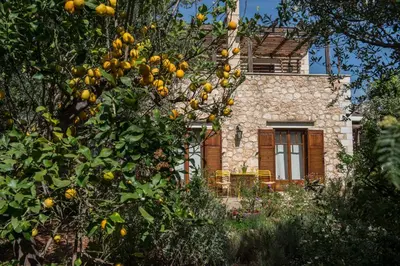 an orange tree in front of a stone house at Villa Eleonas in Vamos