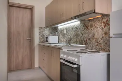 a kitchen with a white stove and a microwave at SEA BREEZE APARTMENTS in Kolymvari