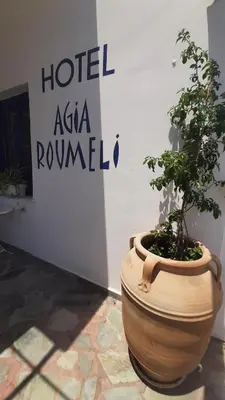 a large wooden pot with a plant in front of a hotel asza roundup at Agia Roumeli APARTMENT in Agia Roumeli