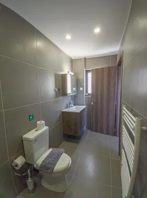 a bathroom with a toilet and a sink at Modern villa with infinity pool close to the sea in Tavronitis