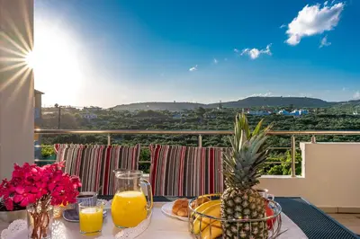 a table with a pineapple and some orange juice at Villa Alexandra in Kolymvari