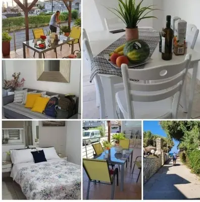 a collage of photos with a table and chairs and a table and a table at Cozy Home (close to the beach) in Agia Marina Nea Kydonias
