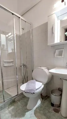 a bathroom with a toilet and a shower and a sink at Stelios Studios Sougia in Sougia