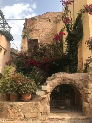 a stone building with plants and flowers on it at Grey House in Chorafakia