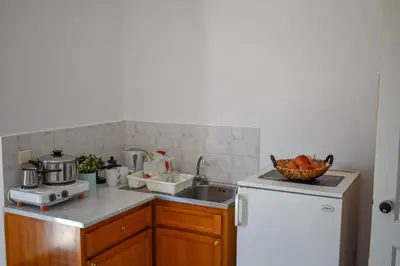 a kitchen with a sink and a white refrigerator at Giannis & Maria Gramvousaki Apts in Agia Marina Nea Kydonias