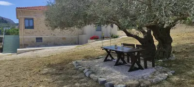 a picnic table under a tree next to a building at nafsikacottagehouse in Kissamos