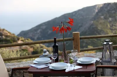 a table with a bottle of wine and a red flower on it at Christos Place-Anidri in Palaiochóra