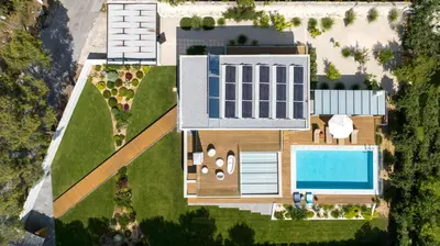 an overhead view of a house with a swimming pool at Villa Night Flower in Chania Town