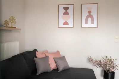 a black couch with pink and grey pillows in a living room at Square Apartment in Kambanós