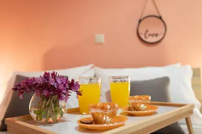 a coffee table with two glasses of orange juice and flowers at Square Apartment in Kambanós