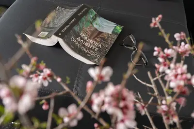 a book sitting on a table next to some flowers at Square Apartment in Kambanós