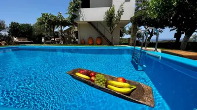 a tray of fruit on a plate in a swimming pool at Anestis Ioanna Villa in Daratso