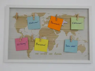a bulletin board with pinned notes on a world map at Mel Studio 1 (kalamaki) in Kalamaki Chanion