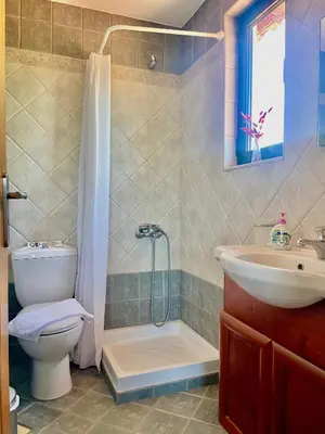 a bathroom with a shower and a toilet and a sink at Olive Villa Plataniás in Xirokámbion