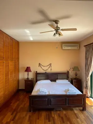 a bedroom with a bed with a ceiling fan at Olive Villa Plataniás in Xirokámbion