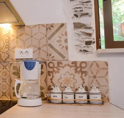 a blender sitting on top of a kitchen counter at Feneri 3 -Cozy rustic Apt 20' from Elafonisi beach in Elafonisi