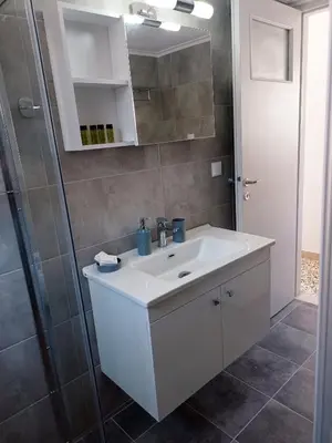 a bathroom with a white sink and a shower at Oksana House in Chania Town
