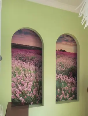 two paintings of a field of flowers on a wall at At the Beach! +10min= port&center. in Chania Town