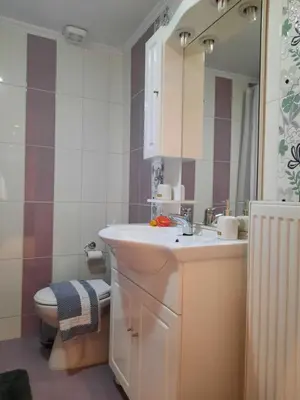 a bathroom with a sink and a toilet and a mirror at Pavlos Apartment in Chania Town