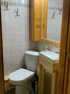 a bathroom with a toilet and a sink and a mirror at VILLA FATIMA in Vryses