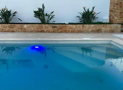 a swimming pool with blue water and plants at Katikies Savrani in Perivólia