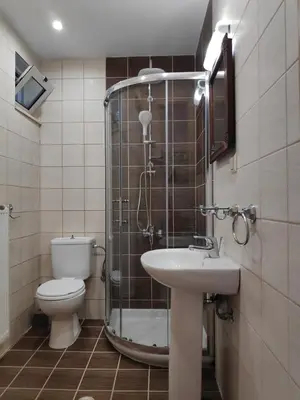 a bathroom with a shower and a toilet and a sink at Xenia's countryside guesthouse in Agia Marina Nea Kydonias
