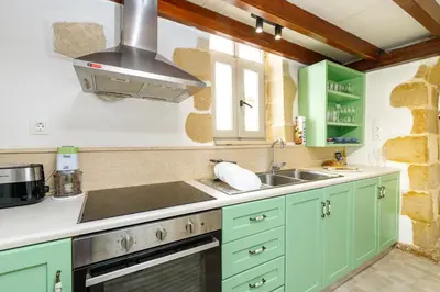 a kitchen with green cabinets and a sink at Mansion Fabrica in Kalleryianá