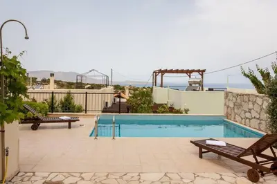 a swimming pool in the middle of a house at Villa Seashell, Private Pool and Magnficent View in Ravdhoúkha