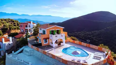 an aerial view of a house with a swimming pool at Villa Jokasta & Erato in Chania Town