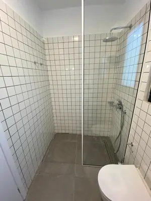 a bathroom with a shower and a toilet at Lefko Apartments in Tavronitis