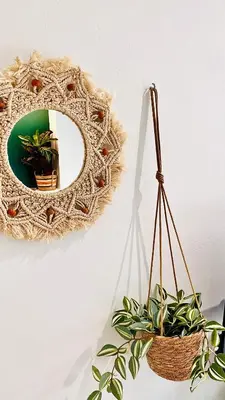 a mirror and a potted plant on a wall at Ivy, 4 minutes from the sea in Chania Town