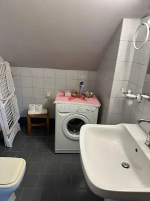a bathroom with a washing machine and a sink at The Twin Pines Home in Kounoupidhianá