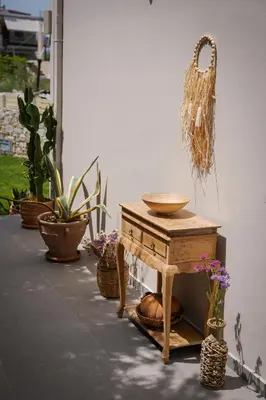 a table with a bowl on it next to potted plants at Casa dei Sogni in Nerokoúros