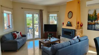 a living room with two couches and a fireplace at Pazinos/Neveli Cottage in Galangádhos