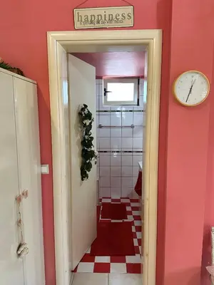 a bathroom with a red wall and a clock on the wall at Eco Friendly Country Home in Kókkinos Pírgos