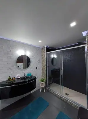 a bathroom with a shower and a sink and a mirror at Rika’s Luxury seaside apartment in Chania Town