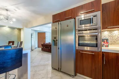 a kitchen with a stainless steel refrigerator and a microwave at Elena Apartment in Chania Town