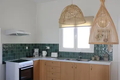 a kitchen with a sink and a stove top oven at Cassandra's Haven in Kissamos