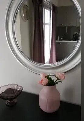 a vase with pink flowers in front of a mirror at Casa Del Porto in Chania Town