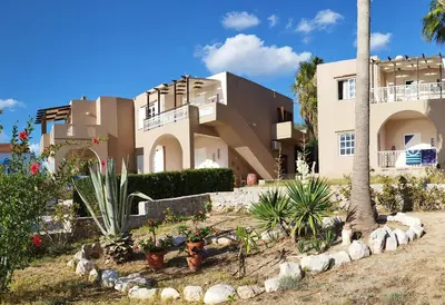 a house with palm trees and plants in front of it at Nostalgia Villas in Tersanas