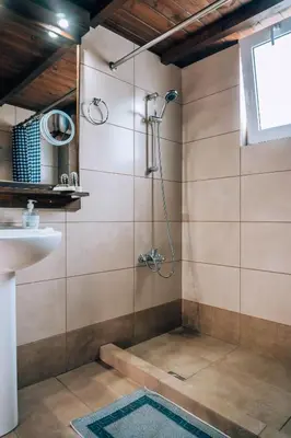 a bathroom with a shower and a sink at Lefteris Rooms in Kámbos