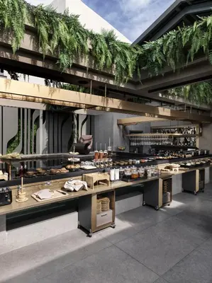 a restaurant with a buffet of food on display at The Chania Hotel Crete, Vignette Collection in Chania Town