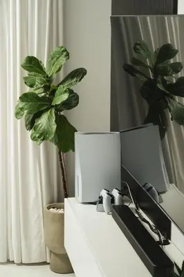 a desk with two monitors and a plant on it at Tholaria Villa in Chania Town