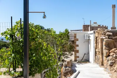 a street light next to a building with grapes at Thea Studio in Agios Padeleimon