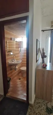 a bathroom with a sink and a toilet in a room at Paradise in Agia Roumeli
