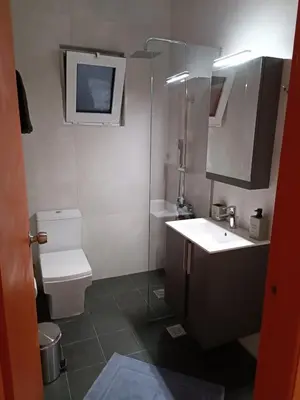 a small bathroom with a toilet and a sink at Vrachakia Elegant in Ayiá