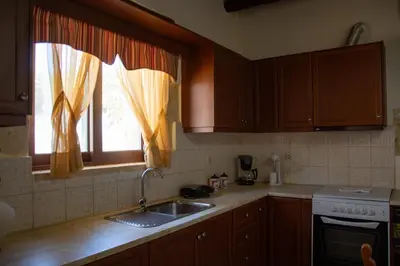 a kitchen with wooden cabinets and a sink and a window at VILLA MICHAELA in Gramvousá
