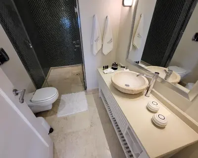a bathroom with a sink and a shower and a toilet at Magnifique villa avec piscine au bord de mer in Chorafakia