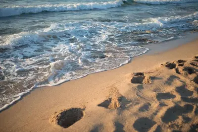 an image of footprints in the sand on the beach at Magnifique villa avec piscine au bord de mer in Chorafakia