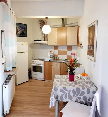 a small kitchen with a table and a refrigerator at Argy Cozy Apartment (Όμορφο Διαμέρισμα στα Χανιά) in Chania Town